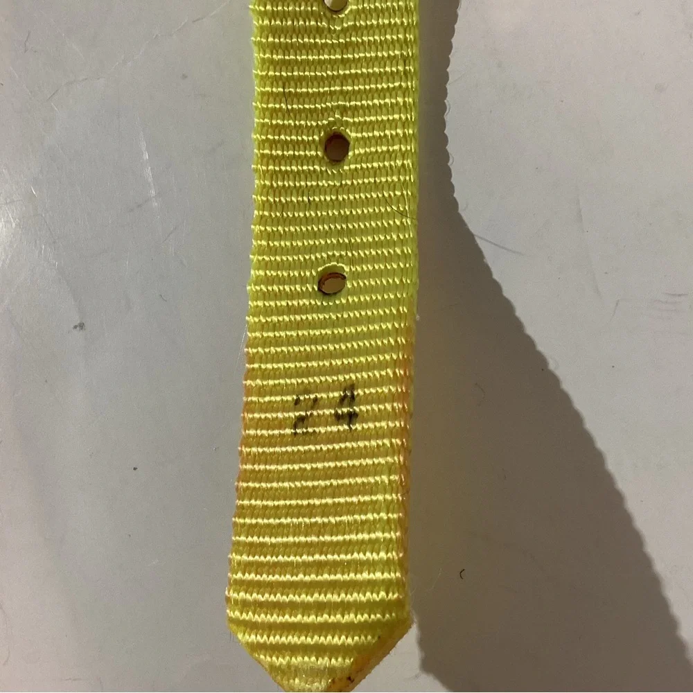 Dog collar, bright yellow, 24” x 1”, heavy nylon, metal hardware. Adjustable